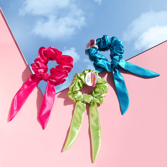 Satin Silk Scrunchie - Bunch of 3 with tail ( Bubblegum pink, Lime green & Teal )