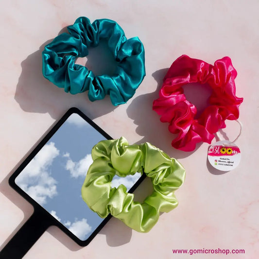Satin silk scrunchie - Bunch of 3 without tail ( Teal , bubblegum pink, lime green )