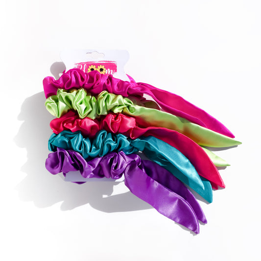 Satin Silk Scrunchie - Bunch of 5 with tail ( Bubblegum pink, Lime green, Teal, Purple & Coral )