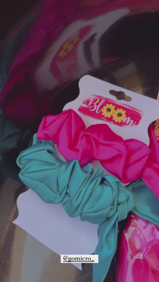 Satin Silk Scrunchie - Bunch of 3 with tail ( Bubblegum pink, Lime green & Teal )